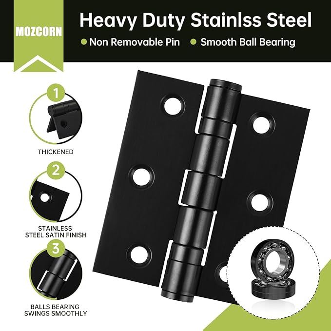 3in Ball Bearing Door Hinges 3 Pack, Small Black Heavy Duty Stainless Steel Hinges for Interior Exterior Doors, with Stainless Steel Screws, Max Loading 100LBs/Set, Black Matte
