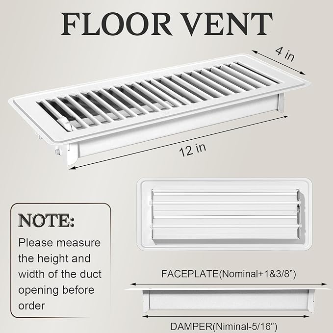 2 PCS Floor Vents Floor Registers 4x12 inch, Heavy Duty Metal Heat Air Vent Covers 4 X 12 with Rust Proof Finish for Home Office Wall Floor Registers Grilles & Vents (2, White, 4x12 Inches)