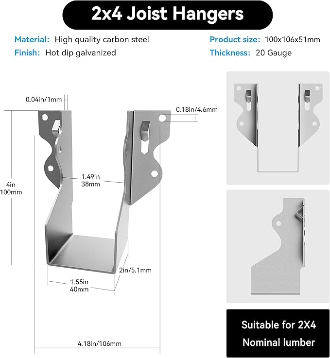50 Pcs LU24 2X4 Joist Hanger Tie Brackets Galvanizing Face Mount Joist Hangers for Wood Hurricane Ties Widely Applicable Rafter Tie