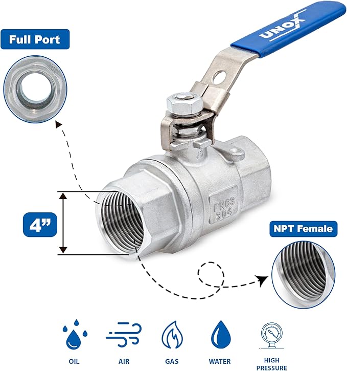 UNOX 4" NPT Full Port Ball Valve Two-Piece Body Design, Female Stainless Steel AISI304 Heavy Duty for Water Oil Gas Valve - 1000WOG Steam Ball Valve with Blue Locking Handles