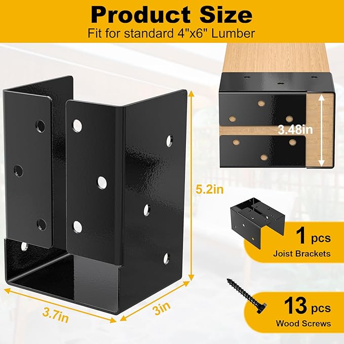 Concealed Joist Hanger (1 Pack),4"x6" Outdoor Concealed-Flange Joist Bracket with Screws, Q235B Steel Powder Coated Concealed Mount Light Joist Hangers for 4"x6" Beam, Swing, Handrail, Fence