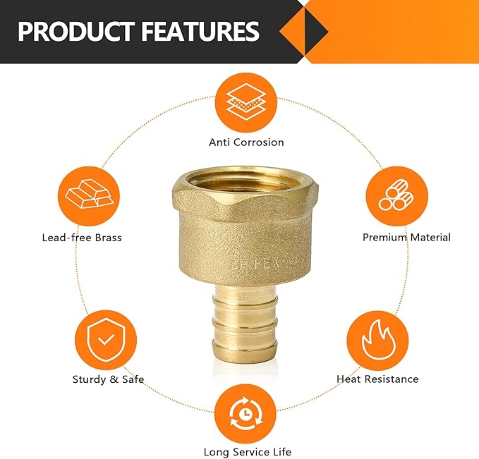 10-Pack HeSun PEX Fittings, 1/2" PEX x 1/2" Female NPT, 1/2 Inch Brass Crimp Female Adapter, ASTM F1807(PEX1807035)