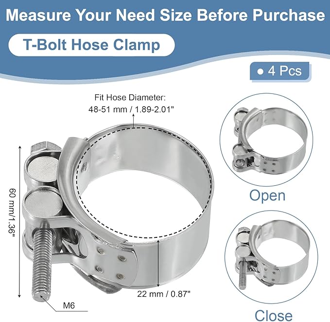PATIKIL 48-51mm T-Bolt Hose Clamp, 4 Pack Intercooler Pipe Tube Clamps 304 Stainless Steel Radiator Hose Clamp for 1.89"-2.01" Pipe