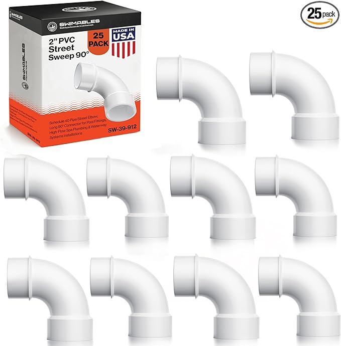 Swimables 2 Inch PVC Street Sweep 90 - Schedule 40 Pipe Street Elbow, Long 90° Connector for Pool Fittings, High-Flow Spa Plumbing & Waterway Systems Installations - Durable PVC Pipe Elbow (25 Pack)