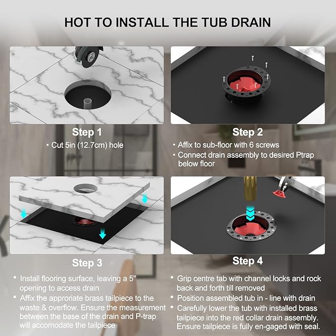 ABS Freestanding Tub Drain Rough-in Kit, Bathtub Drian Kit with ABS Plastic Adapter and Brass Tail Pipes, Compatible with Freestanding Bathtubs, Floor Mounted Bathtubs and Island Bathtubs