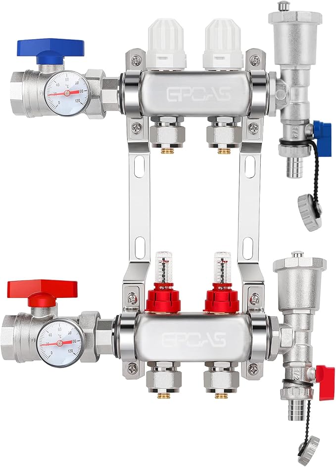 2-Loop Radiant Floor Heating Manifold PEX Tubing Heating Hydronic Manifolds Floor Manifold Stainless Steel Radiant for 1/2" Adapter