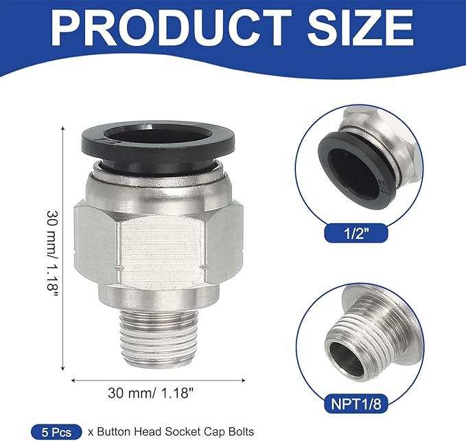MECCANIXITY 5 Pcs NPT Push to Connect Air Fittings, Male Straight 1/2" Tube OD x 1/8" NPT Thread Air Quick Connector Coupling Adapter for Gas Hose Pneumatic Tools, Black