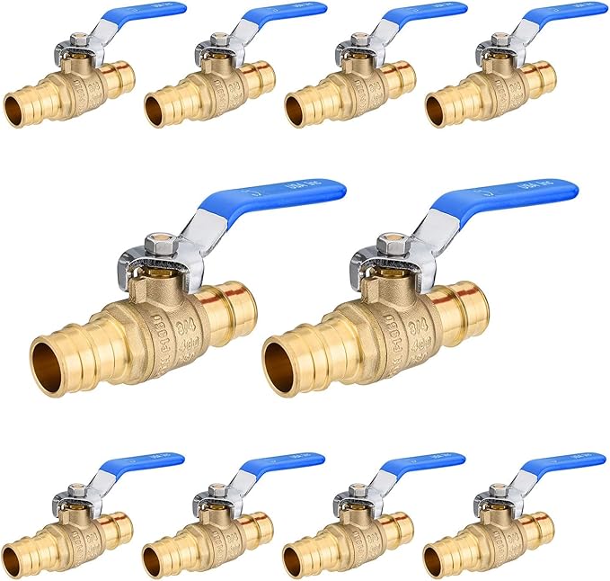 10-Pack Foskan 3/4" Brass PEX-A Ball Valve with Blue Handle, Quarter Turn Full Port Valve for PEX-A Pipe Connection