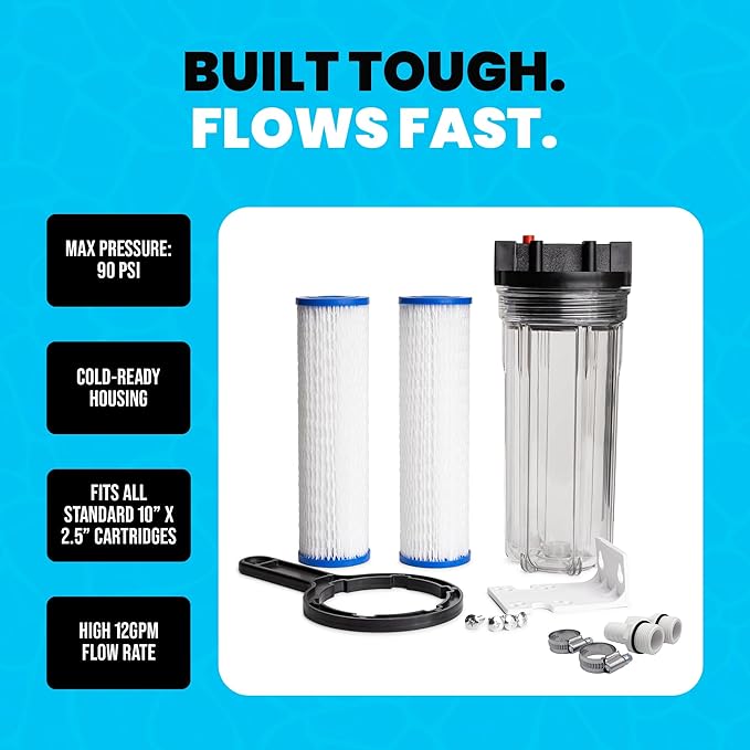 Cold Plunge Water Filter System, 10" Housing with 3/4" NPT Ports, 2× 50 Micron Pleated Filters, Mounting Kit & Wrench, Inline Sediment Filtration for Ice Baths, Whole House, Pool or Spa Use