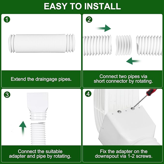 2 Pack Rain Gutter Downspout Extensions, Upgraded Flexible Drain Down Spout Extender for Rain Water Drainage, Each Extendable from 20" to 66", Combine to 10 ft with Connector(White)
