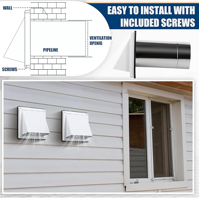 Gisafai 4" Outside Dryer Vent Cover for Exterior Walls Exhaust Vent Cap with Removable Extension Pipe Stainless Steel Hood Cushioned Non Return Flap with Sealing Gasket Grille Screen