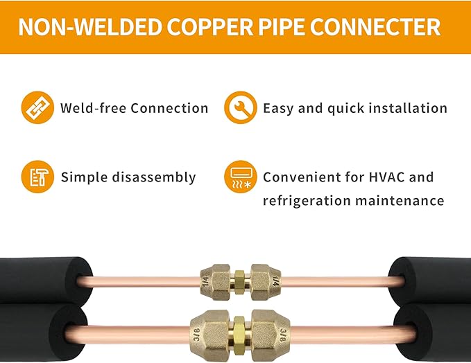 1/4" and 3/8" Copper Pipe Extension Joint Connectors, 2 Packs AC Pipe Connectors with HVAC Flare Nuts, Free Welding copper flare fittings, Air Conditioning Pipe Coupling Adapters for Butt Copper Tube