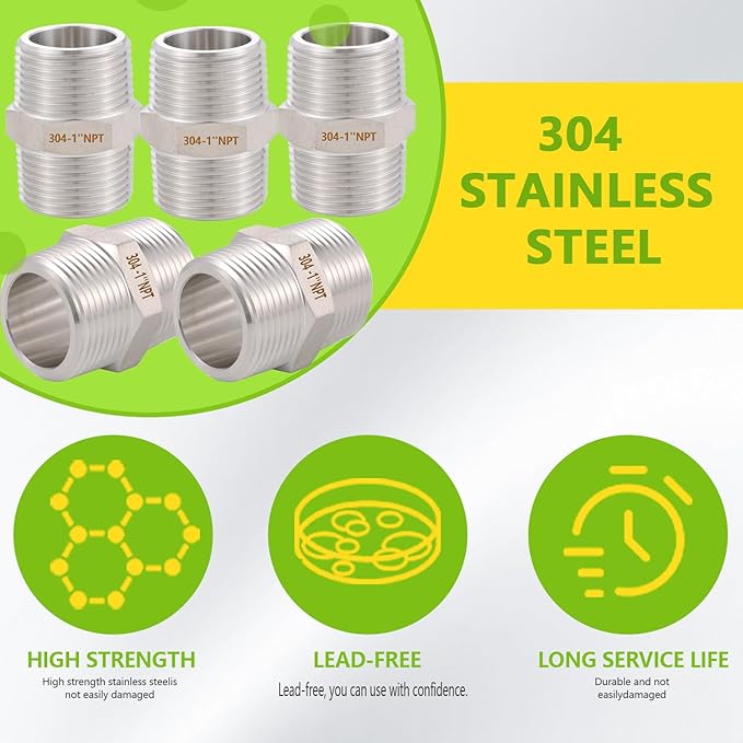 4PCS Hex Nipple 1" x 1" Male Pipe Fittings, 304 Stainless Steel 1 inch NPT Threaded Pipe Adapter Fittings, Male Straight Connector Pipe Fitting