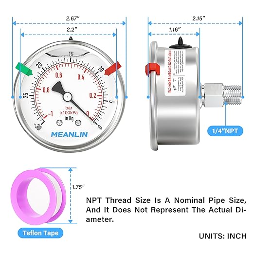 MEANLIN MEASURE -30inHG~0Psi Vacuum Pressure Gauge 316 Stainless Steel Joint 1/4" NPT 2.5" FACE DIAL, Stainless Steel Liquid Filled Pressure Gauge WOG Water Oil Air Back Mount, 2PCS Snaps