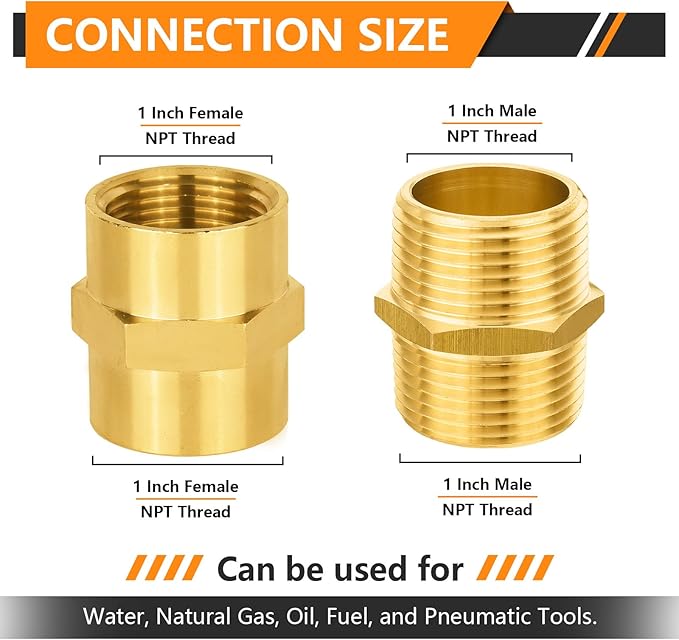 100-PCs HeSun Brass Pipe Fittings Combo, 50-PCs 1" NPT Male + 50-PCs 1" NPT Female Hex Nipple Adapter