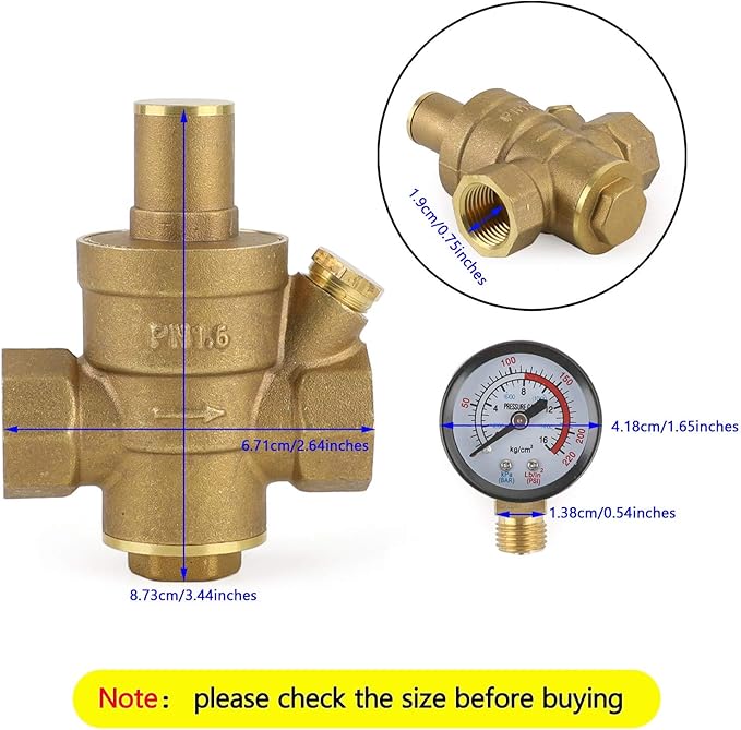 Topteng DN15 Brass Adjustable 1/2" Water Pressure Regulator Reducer With Gauge Meter
