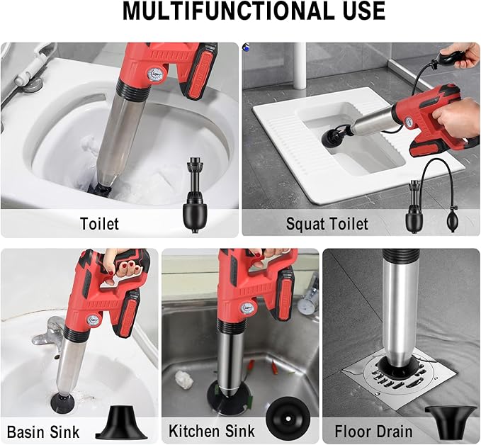 Electric Toilet Plunger with 2 batteries，Drain Clog Remover Tools,High Pressure Air Toilet Plungers Heavy Duty Plunger For Toilet,Bathroom,Floor Drain,Sewer,Pipe，RED