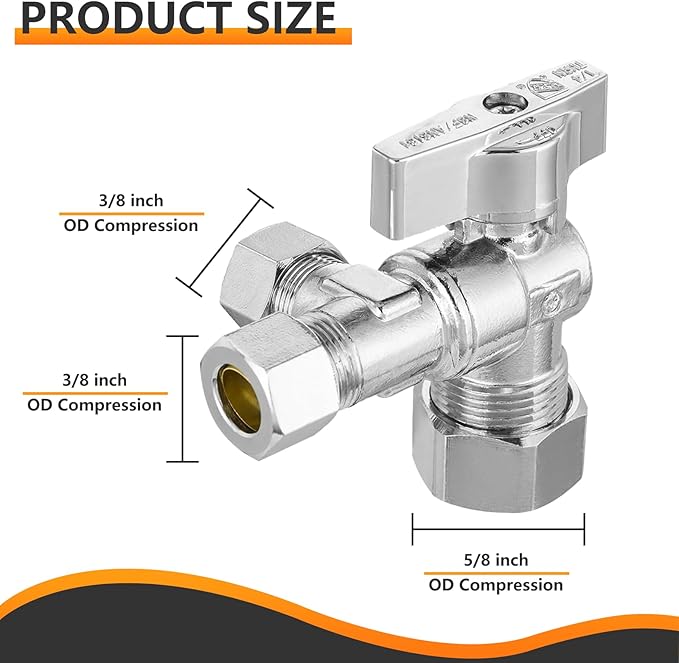 10-PCs HeSun Quarter-Turn Compression Angle Valve, 1/2" Nominal (5/8"OD) x 3/8" OD x 3/8" OD, Dual Compression Outlet Shut Off Valve, Chrome Plated Brass(VALVE206-10)