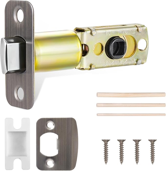 Antique Pewter Adjustable Door Latch 60 or 70mm, 45° Turning Angle, Door Lock Replacement Parts with Door Strike Plate, Wood Dowel, Dust-Boxes
