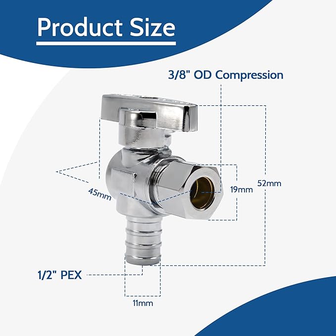 10 Pcs Quarter Turn 1/2 Inch Pex x 3/8 Inch Compression Angle Stop Valve, 1/2"Pex x 3/8" OD Compression Angle Shut Off Valve, Solid Brass, Chrome