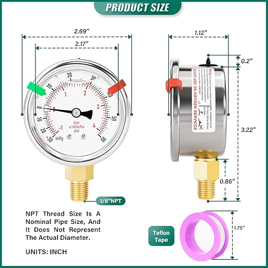 -30inHG-60PSI Stainless Steel Liquid Filled Pressure Gauge, 2.5" Dial Size, 1/8" NPT Lower Mount, for Tube, Water Pump, Gas, Liquid, Pressure Test (with Range Mark Pointer)
