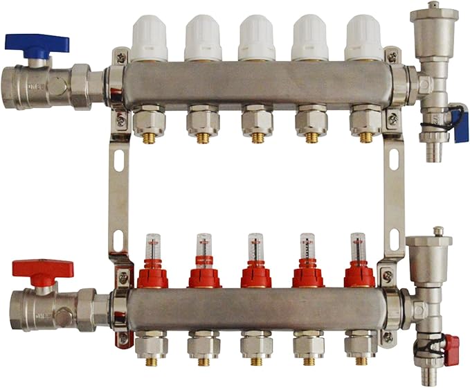 5 Branch PEX Radiant Floor Heating Manifold Set Floor Heating Water Distributor 1/2" Pipe Adapter 304 Stainless Steel and Brass, for Heating Systems