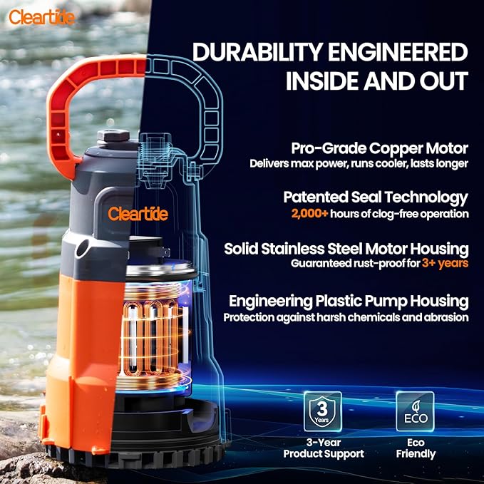 Cleartide Submersible Sump Pump, 1/2 HP Utility Water Pump for Pool Draining, Hot Tub, Basement, Electric Drain Pump Handles 3/8" Solids, 10 FT Cord