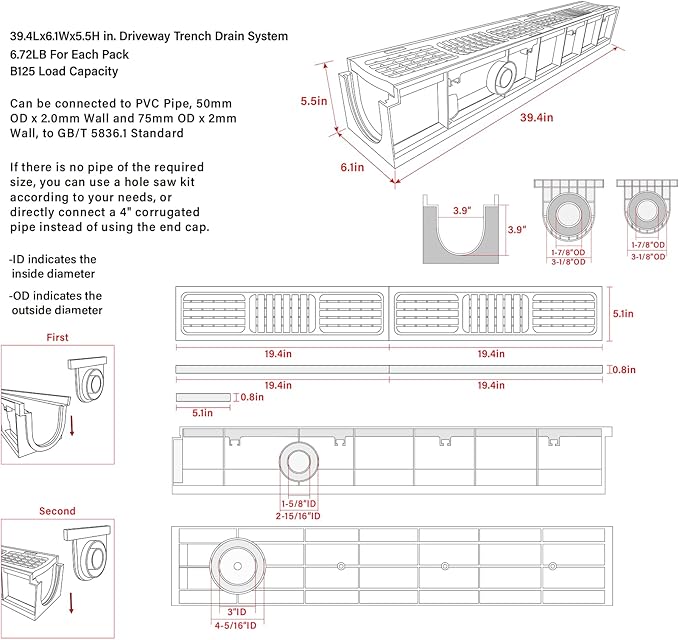 Driveway Channel Drain with HDPE Grate-39.4x6.1x5.5in Deep Profile Trench Drain System for Garage,6 Pack Total Length 236.22in,Heavy Duty Trench Drain for Parking Lot,Concrete
