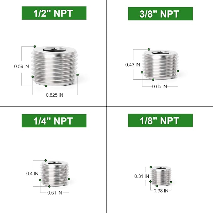 TAISHER 20PCS Stainless Steel Internal Hex Thread Socket Pipe Plug Fitting 1/8" 1/4" 3/8" 1/2" NPT Male