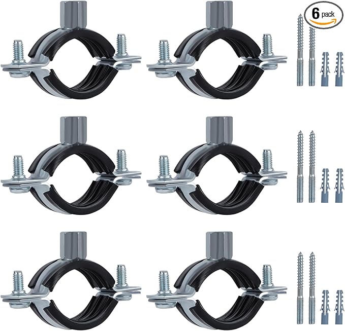 6 PCS Split Ring Pipe Hanger, Heavy Duty Adjustable Pipe Bracket Clamp with Screw & Expansion Tube, Wall Ceiling Mount Galvanized Iron Pipe Strap Supports Fit for Pipe OD 1.5-1.7 Inch(38-43mm)