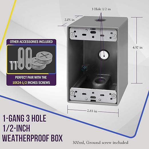 ENERLITES Weatherproof Outlet Box with Three 1/2-in Threaded Outlets, Outdoor Electrical Box, 3 Holes 0.50” Each, 1-Gang, 4.57” Height x 2.83” Length x 2.05” Depth, EN1350