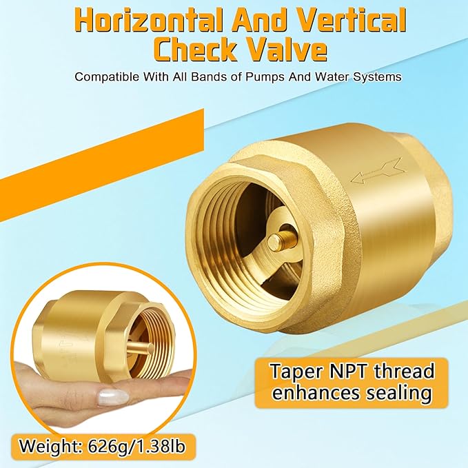 Boltigen Solid Brass Spring Check Valve, 1-1/2 Inch NPT Female Thread Non Return One Way Horizontal Vertical In-Line Water Check Valve for Well, Pump, Tank, Backflow Preventer