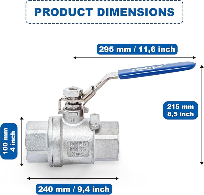 UNOX 4" NPT Full Port Ball Valve Two-Piece Body Design, Female Stainless Steel AISI304 Heavy Duty for Water Oil Gas Valve - 1000WOG Steam Ball Valve with Blue Locking Handles