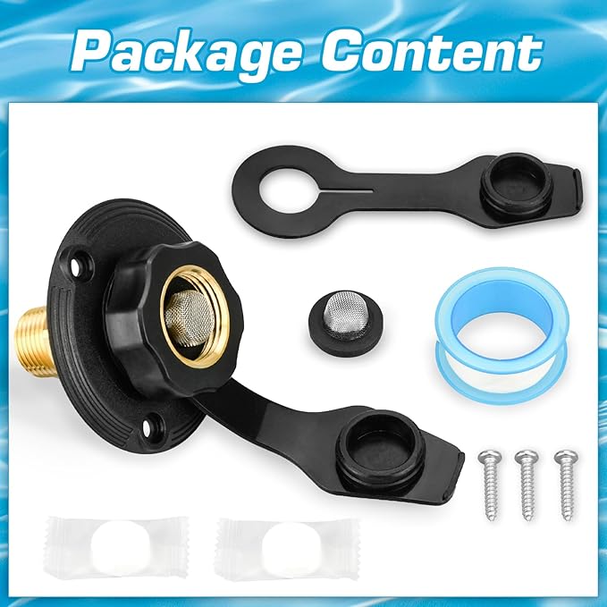 RV City Water Inlet with Brass Check Valve, Fresh Water Fill Flange for Camper Hookup, Durable RV Water Replacement Connection Fittings, Black