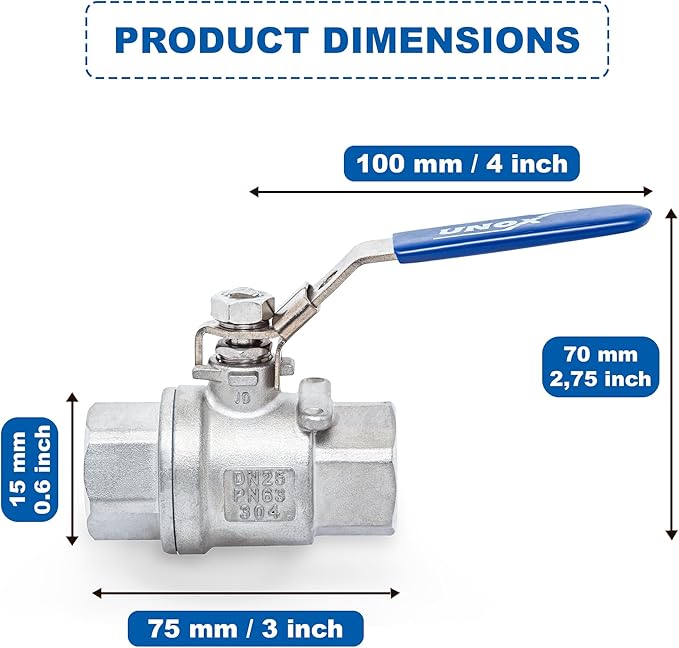 UNOX 1/2" NPT Full Port Ball Valve Two-Piece Body Design, Female Stainless Steel AISI304 Heavy Duty for Water Oil Gas Valve - 1000WOG Steam Ball Valve with Blue Locking Handles