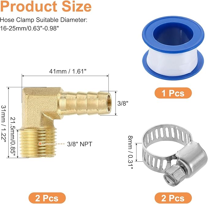 uxcell 2Pcs Brass Hose Barb Fittings, 3/8" x 3/8" NPT 90 Degree Elbow Hose Connector with Hose Clamps for Water Fuel Gas Oil Transportation