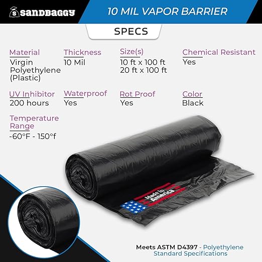 Sandbaggy 10 ft x 100 ft Vapor Barrier 10 Mil | Polyethylene | Black Plastic Sheeting Rolls | Moisture Barrier for Crawl Spaces, Concrete and Laminate Underlayment, Walls (1 Roll)