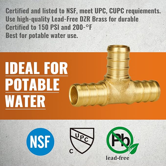SUNGATOR Pex Fittings 1/2 Inch, 25-Pack 1/2" Pex Tee Fittings, No Lead Brass, NSF, UPC Certified