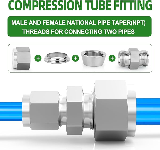 TAISHER 5PCS 304 Stainless Steel Compression Tube Pipe Fitting Connector, 1/2" Tube OD x 1/4" Tube OD Straight Adapter