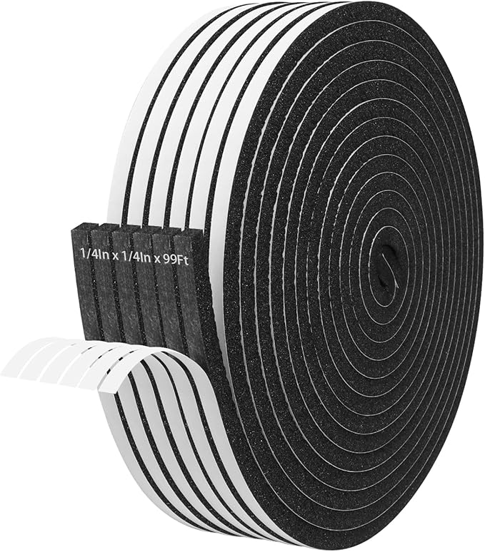 Storystore Foam Insulation Tape Self Adhesive, 1/4In x 1/4In x 99Ft Weather Stripping for Doors and Windows, Sound Proof Soundproofing Door Seal, Weatherstrip, Air Conditioning Seal Strip