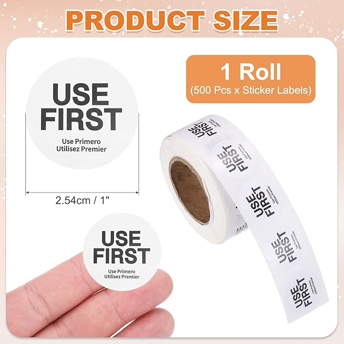 PATIKIL 500 Pcs USE First Stickers, 1 inch Round Use First Stickers Food Service Circle Inventory Control Adhesive Labels for Food Service Kitchen Restaurants Retail Storage Date, White