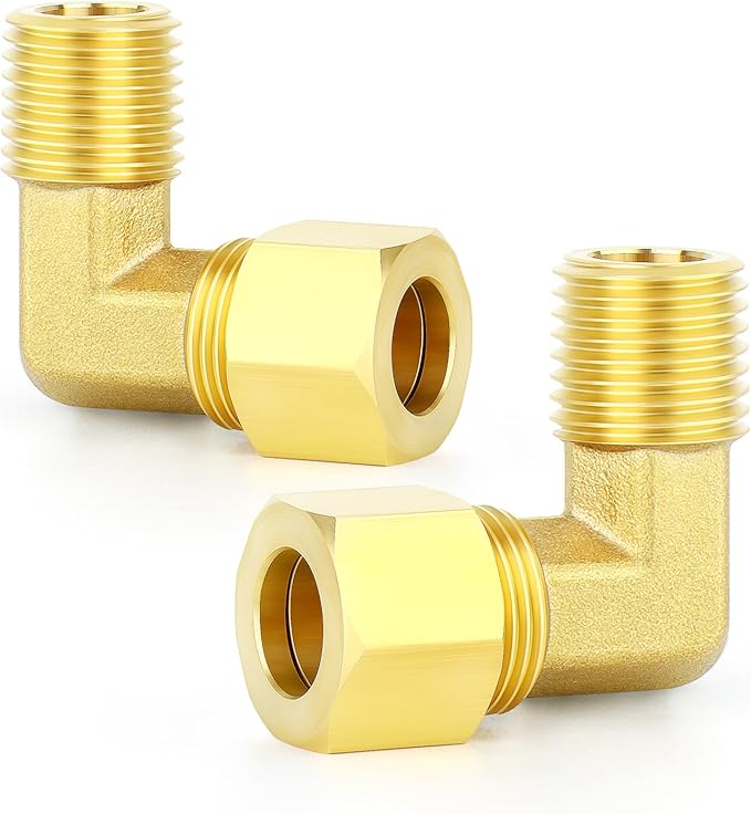 GASHER 5PCS Brass 90 Degree Elbow Compression Tube Pipe Fitting Connector, 1/2" Tube OD x 3/8" NPT Male Connector