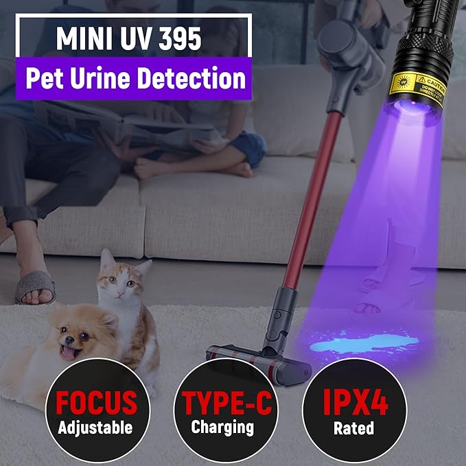 DARKDAWN UV Flashlight 395nm Black Light Mini USB Rechargeable Ultraviolet LED Blacklight Woods Lamp Powerful Fluorescent Portable Detector for Pet Urine Stains, Scorpions, Resin Curing