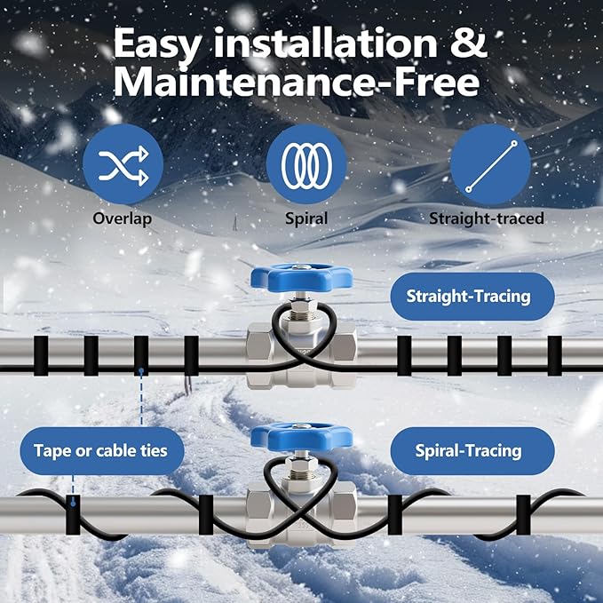 80FT（3FT-200FT） Pipe Heating Cable for Pipe Freeze Protection, Heat Cable for Water Pipes(Metal and Plastic), Pipe Heat Tape Keeps Water Flowing at -40°F 5w/ft, 120V Plumbing fixture