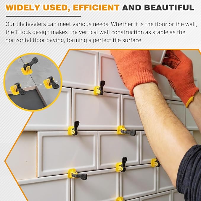 Nuanchu Tile Leveling System Kit 100 Reusable Tile Spacers + 100 1/16'' Replaceable Spare Steel T-pin, Leveling Clips Fit 8-12mm Floor Compounds Set for Wall & Floor (Yellow)