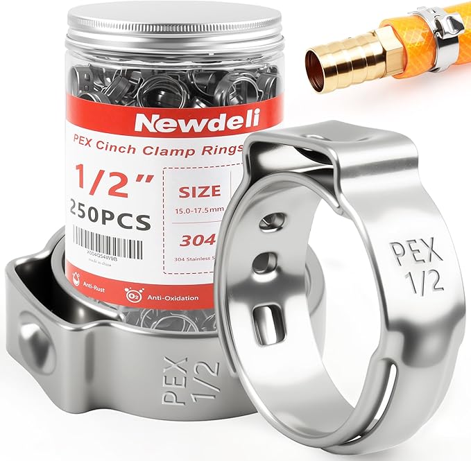 Newdeli 250pcs 1/2 inch Pex Crimp Rings Stainless Steel PEX Clamps Single Ear Hose Clamps Pex Fittings Cinch Pinch Clamp for Pipe Tubing Plumbing