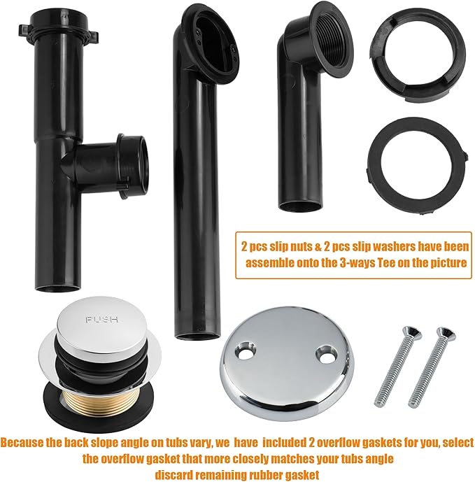 Artiwell 1-1/2" Black Tubular Bath Drain Kit with Tip-Toe Bath Drain Stopper, Touch-Toe Tub Drain, Tip Toe Bathtub Drain Waste and Overflow with Plug and Bathtub Overflow Drain Cover, Chrome Plated