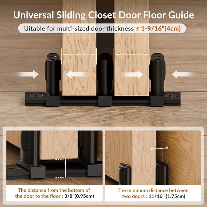 Siding Closet Door Floor Guide,Update Adjustable 3-Roller Design for Bypass Doors Floor Guide,Sliding Door Bottom Guides,Easy Install, Black