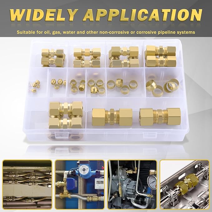 46pcs Brass Compression Tube Pipe Fittings Assortment Kit,1/8" 3/16" 1/4" 5/16" 3/8" 1/2" OD Compression Union Connector & Compression Sleeves Ferrules
