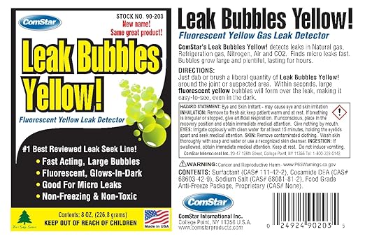 ComStar Leak Bubbles Yellow HVAC & Gas Detector, Fastest-Acting Leak Detector in Today's Market - Safe, Non-Corrosive, Long-Lasting Bubbles & Detects Micro Leaks, Made in USA, 8 Ounces (90-203)